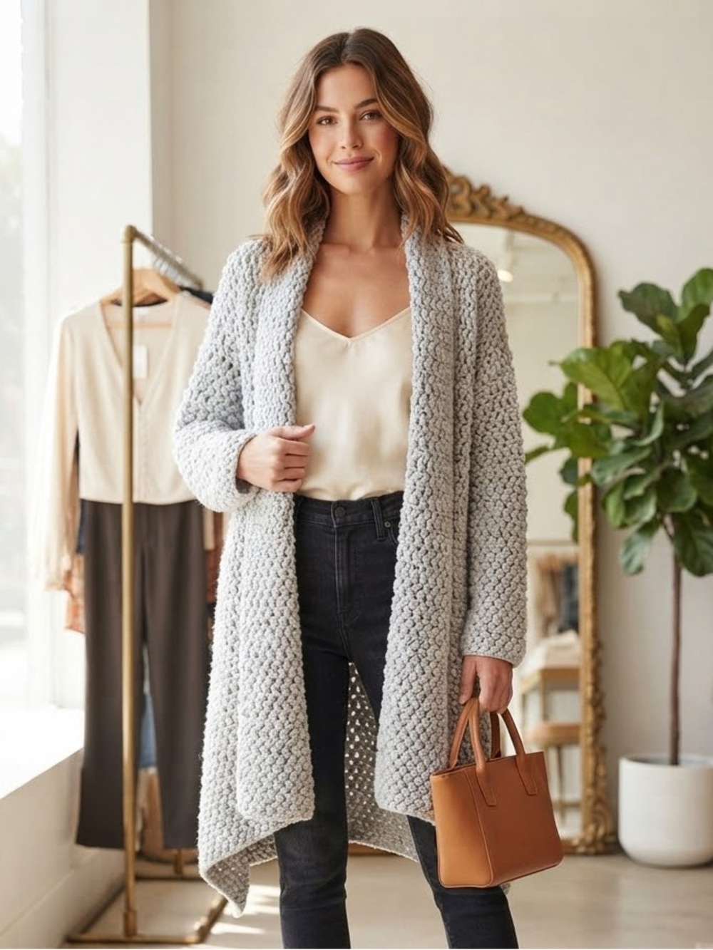 Cozy Light Gray Open-Front Chunky Knit Cardigan